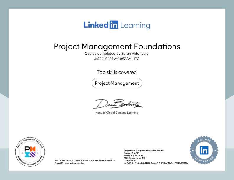Project Management Foundations course certificate.